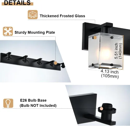 Vista 7 de Lámpara de pared negra de WINSHEN, lámpara de tocador de baño de 2 luces, lámpara de montaje en pared sobre espejo para dormitorio, estudio, sala