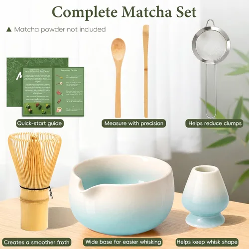 Vista 2 de Juego de batidor Matcha con cuenco de cerámica y cazador de bambú Azul