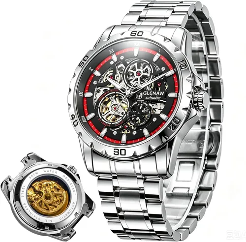 Vista 8 de Relojes automáticos para hombre, cuerda automática mecánica, esfera de esqueleto, resistente al agua a 30 ATM, con correa de acero inoxidable, reloj