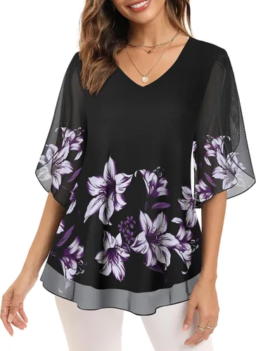 Vista 2 de Cestyle Blusas de malla con volantes para mujer, blusas holgadas con mangas 34
