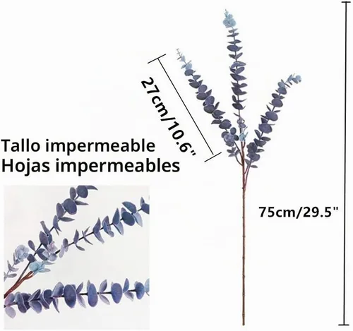 Vista 3 de 3 piezas de hojas de eucalipto artificiales de tacto suave de 31.5 pulgadas, tallos de vegetación de dólar de plata falsos para el hogar, boda Azul