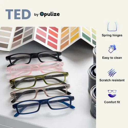 Vista 4 de OPULIZE TED - Lentes de lectura para mujeres y hombres, marco mate rectangular ligero y estrecho con bisagras de resorte, color negro +1.50