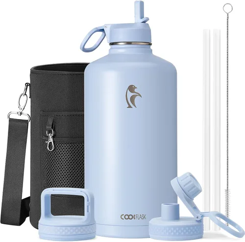 Vista 22 de Coolflask Botella de agua de 20 onzas aislada con pajilla, 3 tapas de metal de acero inoxidable, botella de agua de boca ancha para deportes u