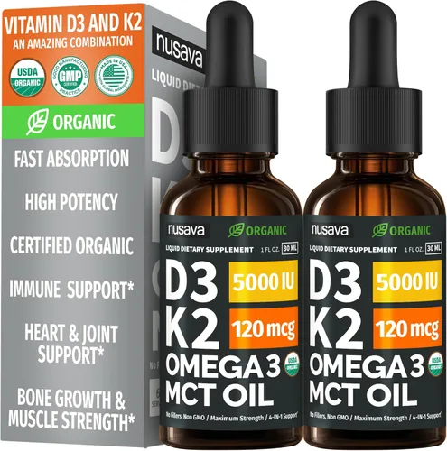Vista 21 de Paquete de 2 gotas orgánicas de vitamina D3 K2 con aceite MCT y Omega 3 - Vitamina líquida D3 5000 UI - Suplemento de vitamina K2 D3 - Gotas