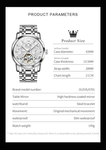 Vista 6 de OLEVS Relojes Automáticos para Hombre, Diseño Esqueleto Dorado, Tourbillon, Automático, Mecánico, Acero Inoxidable, Impermeable, Reloj de Pulsera