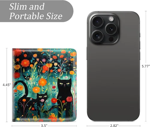 Vista 2 de Billetera de cuero genuino de lujo para mujer con bloqueo RFID, compacta, plegable, con ventana para identificación, Gato negro, Moderno
