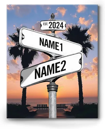 Vista 14 de Lienzo de letrero de calle vintage personalizado para parejas, nombre y fecha personalizados con tema de nube en blanco y negro, regalo de boda