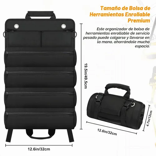 Vista 4 de Bolsa enrollable de herramientas, pequeña bolsa de herramientas enrollable con bolsas desmontables, organizador de bolsas de herramientas