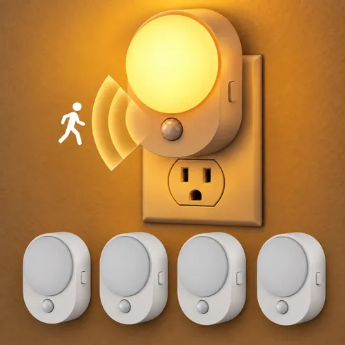 Vista 10 de L LOHAS LED Luz nocturna con sensor de movimiento, paquete de 2 luces nocturnas enchufables a la pared, sensor de movimiento y sensor de atardecer a
