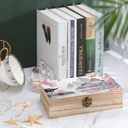 Vista 4 de Cherry Blossom Pavilion Wooden Storage Box with Hinged Lock,Decorative Handmade Keepsake Jewelry Chest, Elegant Retro Decor Boxes, Compact Organizer