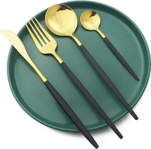 Vista 2 de Juego de cubiertos dorados con mango negro, 24 piezas de acero inoxidable brillante, cubiertos para 6, aptos para lavavajillas