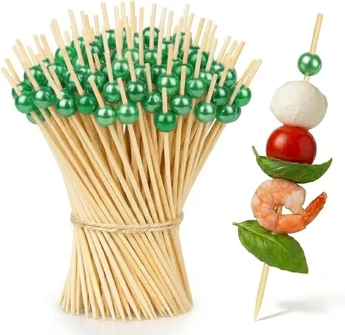Vista 10 de Palillos de dientes para aperitivos, 100 palillos de cóctel decorativos, brochetas de bambú de 4.7 pulgadas de largo, palillos de madera elegantes