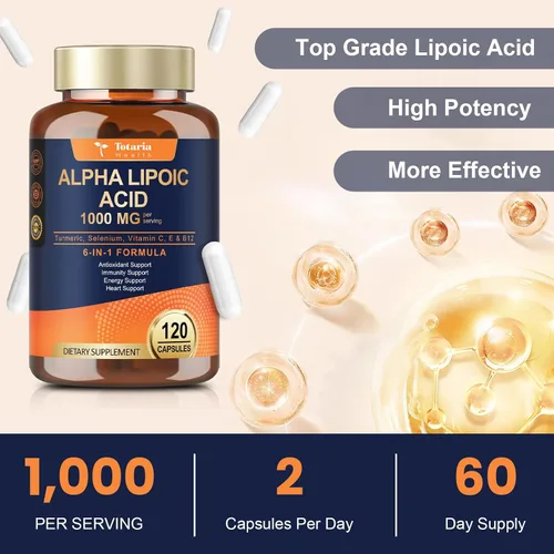 Vista 7 de Totaria Ácido alfa lipoico de 1000 mg – Suplemento de ALA antioxidante para neuropatía, apoyo a la salud nerviosa, desintoxicación hepática