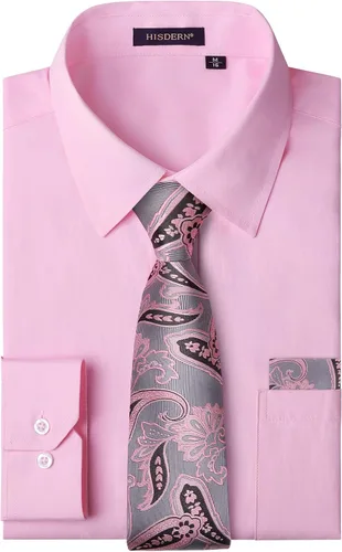 Vista 33 de HISDERN Mens Dress Shirt with Tie Pocket Square Set Classic Button Down Shirt Matching Tie Long Sleeve Shirts 08-verde
