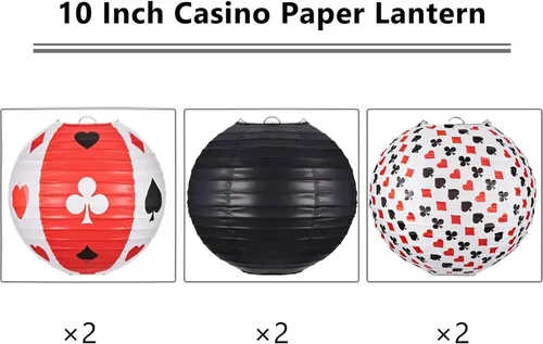 Vista 2 de Mudder 6 piezas de decoración de fiesta de casino negro rojo linternas de papel 10 pulgadas póker noche decoraciones casino colgantes linternas