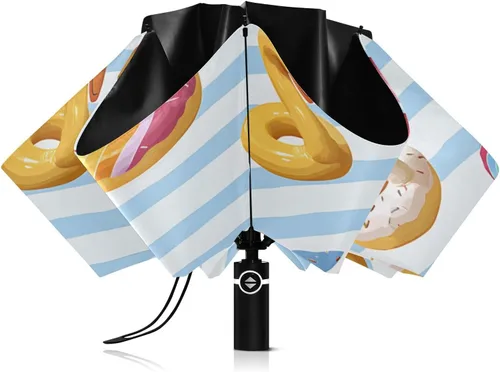 Vista 2 de ALAZA Folding Umbrella Flamingo Swan Circlen Bule Stripes Compact Travel Umbrella Automatic Open Close, Inverted Umbrellas for Rain Windproof UV