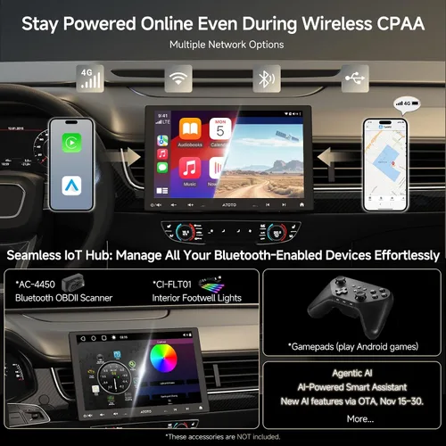 Vista 4 de S8MS 10.1" Android Single DIN & Double DIN Estéreo para coche, con 4G LTE QLED Floating Adjustable Touchscreen, Wireless CarPlay & Android Auto