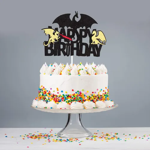 Vista 6 de Decoración para pastel de cumpleaños con purpurina negra de dragón de fuego, juegos de decoración de fiesta de dragón para niños y hombres