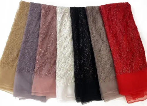Vista 7 de Tela de encaje africano bordada con lentejuelas, con cuentas de artesanía pesadas y brillo floral, de tul francés, para vestido con cola, 4,5 Negro