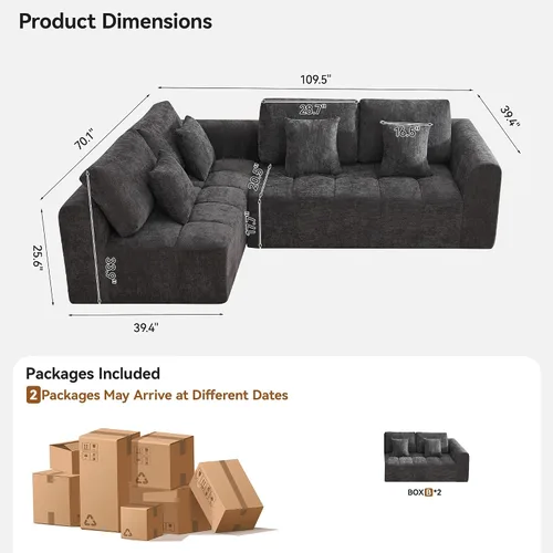Vista 9 de Sofás seccionales modulares de 110 pulgadas para sala de estar, sofá seccional comprimido sin hueso, sofá de espuma viscoelástica tapizado de 3 Beige
