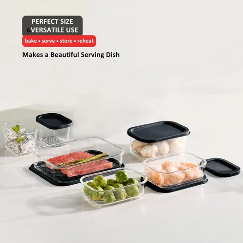 Vista 7 de EATEX Paquete de 6 recipientes de vidrio para preparación de comidas con base ranurada, 6 recipientes de almacenamiento de vidrio apilables sin BPA