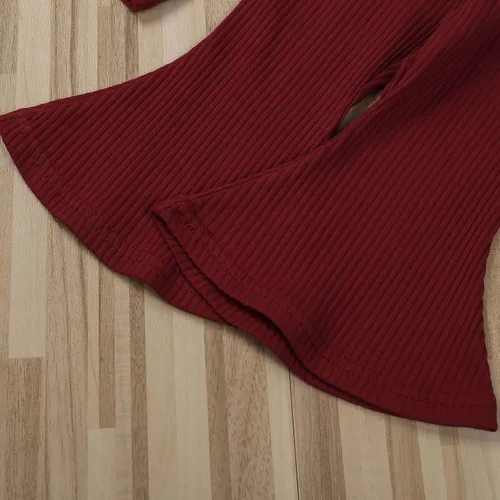 Vista 7 de Ropa para bebé y niña, acanalado, con volantes, manga larga, mameluco, pantalones acampanados, color sólido, otoño, invierno, trajes de 2 piezas