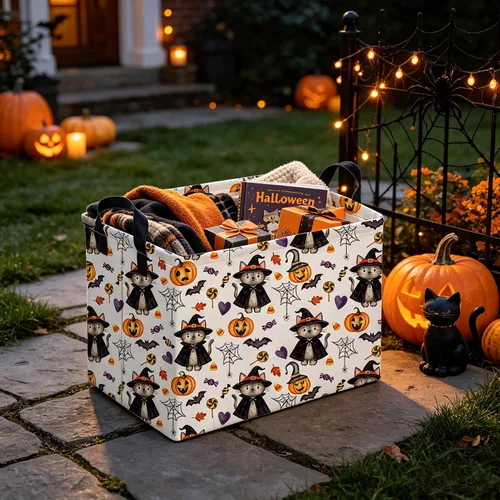 Vista 4 de Cesta rectangular de Halloween para gatos, cestas vacías de Halloween, cesta de truco o trato para niños y niñas, cestas de estantería, papelera