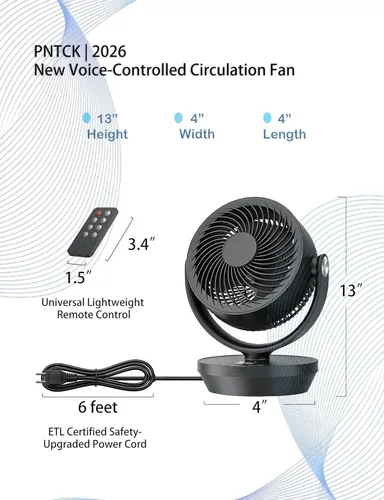 Vista 2 de PNTCK Ventilador circulador de aire para dormitorio, ventilador de mesa oscilante silencioso con 4 velocidades, control remoto, oscilación de 90°
