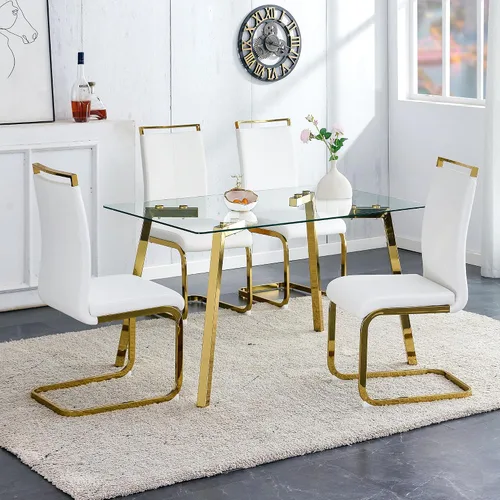 Vista 2 de Mesa de comedor rectangular de vidrio templado, 51 pulgadas de ancho, mesa de cocina moderna de mediados de siglo, mesa de comedor con 4 patas