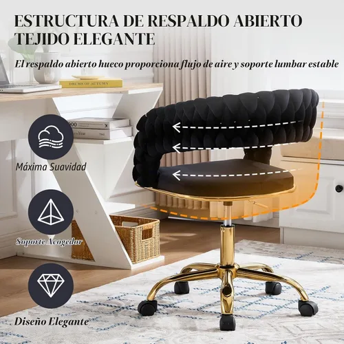 Vista 6 de NIOIIKIT Silla tejida para oficina en casa, silla giratoria de terciopelo Negro