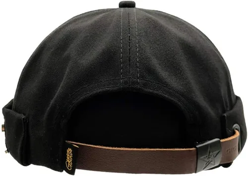 Vista 3 de Sombreros Docker para hombre, sombrero de marinero, sombrero de trabajador, puño enrollado, sombrero retro sin ala con ajustable, Hoja de arce-negro