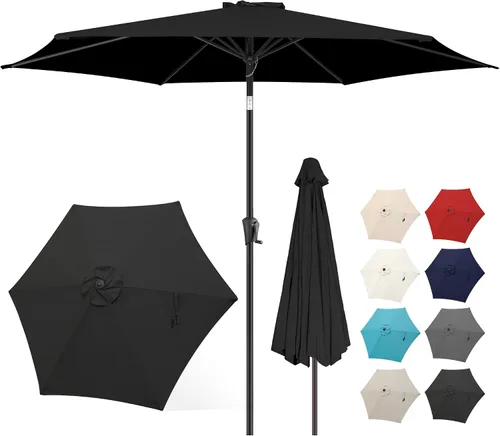 Vista 9 de FLAME&SHADE Sombrilla de patio de 11 pies, sombrilla de mesa para exteriores con botón de inclinación y manivela, protección UV, 8 varillas