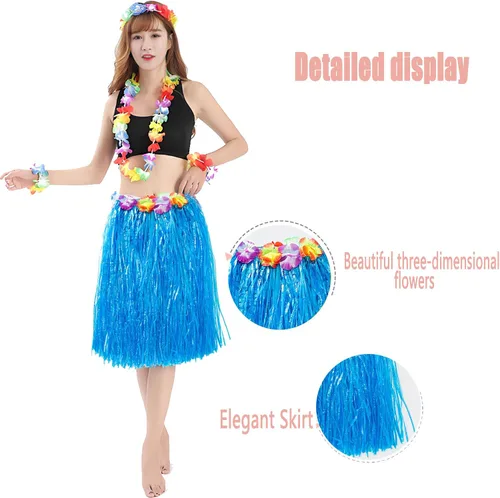 Vista 4 de Falda de paja hawaiana Luau Hula de 24 pulgadas con flores de hibisco, color natural para fiestas en la playa y disfraces