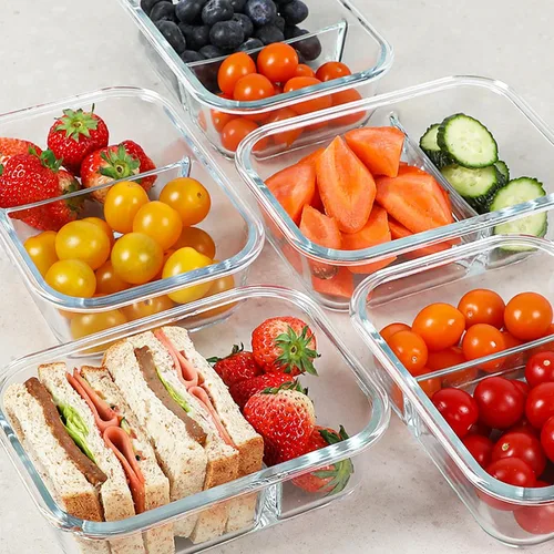 Vista 2 de Paquete de 5 recipientes de vidrio para preparación de comidas de 30 onzas, 2 compartimentos, recipientes de almacenamiento de alimentos de vidrio