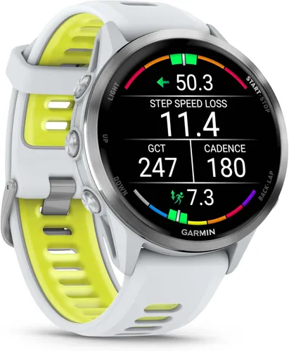 Vista 7 de Garmin Forerunner 955, reloj inteligente para correr con GPS, adaptado a triatletas, batería de larga duración, Whitestone con auriculares blancos
