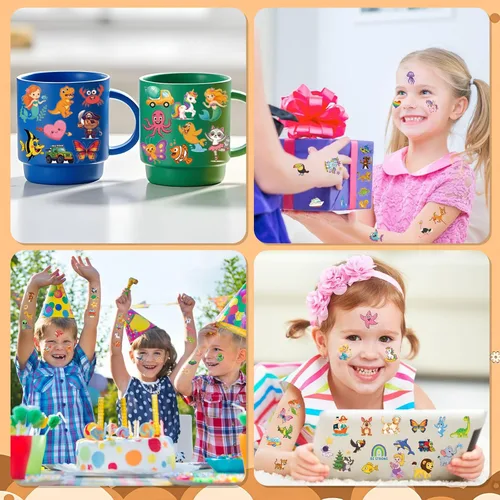 Vista 4 de Tatuajes temporales para niños, 300 unidades, bolsas de regalo para niños, suministros de fiesta de cumpleaños para niñas y niños, tatuajes