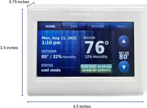 Vista 2 de Termostato programable Honeywell WiFi 9000 con pantalla táctil a color. Mide 3.5 x 4.5 pulgadas