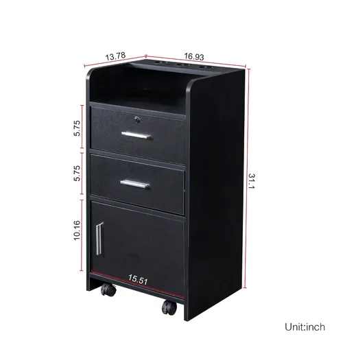 Vista 2 de SSLine Estación de salón moderna, soporte de piso negro, gabinete de madera para estilista, peluquería, peluquería, mesa de almacenamiento clásica