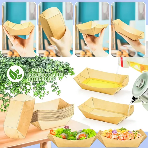 Vista 3 de Paquete de 120 bandejas de papel desechables de 2 libras de papel para barcos, bandeja de servir comida kraft, cestas para aperitivos, palomitas