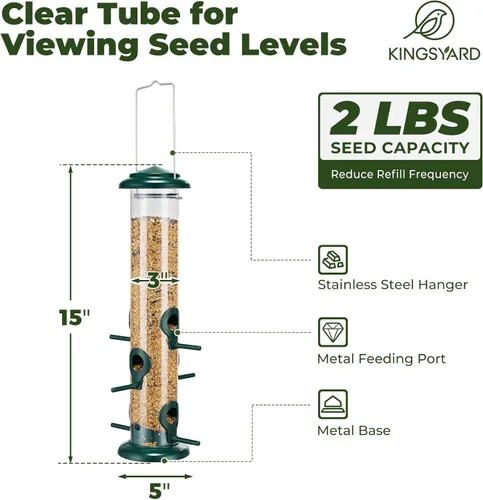 Vista 3 de Kingsyard Comederos Metálicos para Pájaros para Exteriores Colgantes, Comedero de Tubo para Pájaros con 6 Puertos de Alimentación, 15 Pulgadas, A