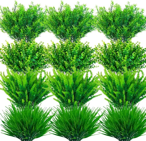 Vista 10 de 8 piezas de plantas falsas para exteriores, resistentes a los rayos UV, plantas de césped alto artificiales, flores tropicales, arbustos, decoración