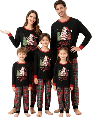 Vista 42 de Awoscut - Conjunto de pijamas navideños a juego, con estampado en la parte superior y pantalones a cuadros #B-7