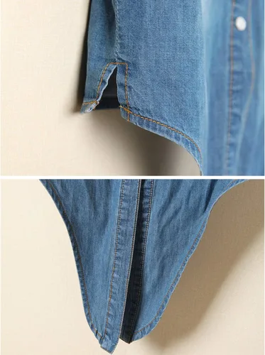 Vista 6 de Omoone Camisa corta de mezclilla para mujer, con manga 34 y nudo