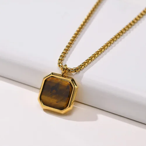 Vista 4 de MEALGUET Collar de acero inoxidable para hombre, piedra natural cuadrada, colgante de ágata de ojo de tigre, collar geométrico minimalista