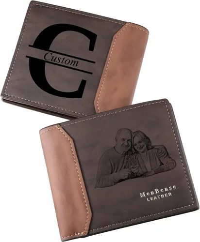 Vista 33 de INBLUE Billetera plegable grabada personalizada, cartera de cuero personalizada con foto y texto grabado, regalos para hombres, marido, papá, hijo