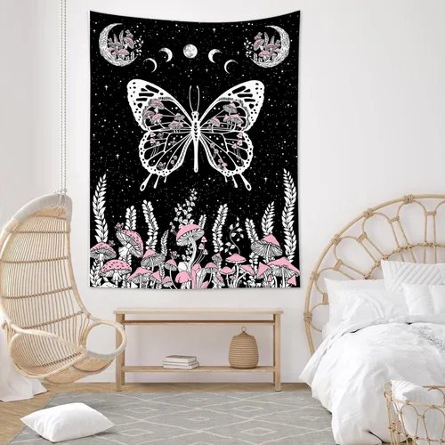 Vista 10 de LB Tapiz pequeño de mariposa colorido para colgar en la pared, diseño psicodélico de flores silvestres 3D, mariposas de fantasía floral, arte