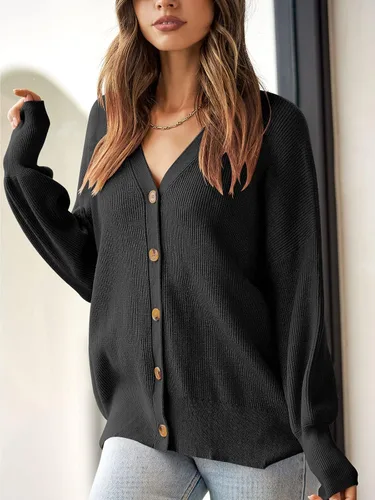 Vista 4 de ANRABESS Suéter de punto de manga larga con botones y cuello en V para mujer, casual, holgado, de gran tamaño, abrigo