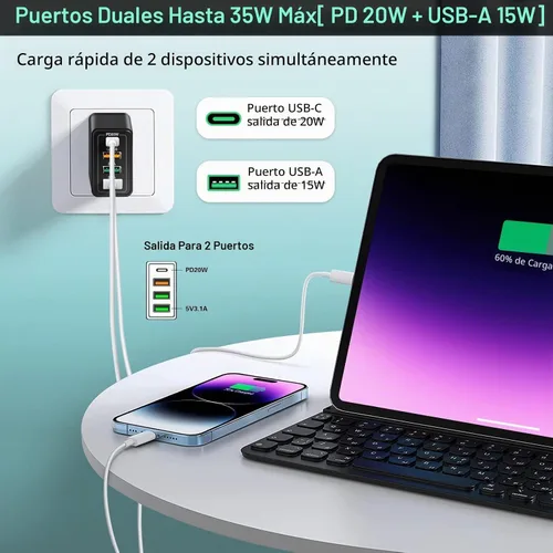 Vista 4 de [Paquete de 4] Cargador de pared USB-C, adaptador de corriente rápido 3.0+ Negro