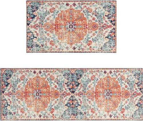 Vista 9 de Juego de 2 tapetes de cocina estilo bohemio para cocina, diseño azteca occidental, color negro, antideslizantes, lavables, para el suelo, 2 piezas