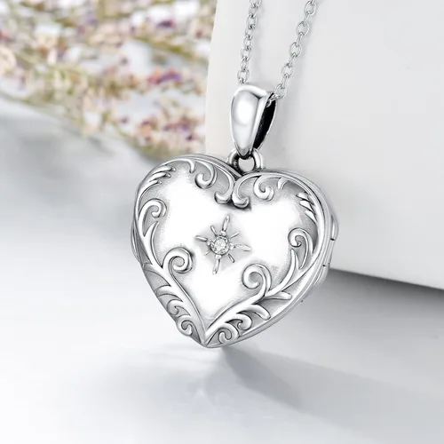 Vista 5 de BETHZA Diamond Heart Locket Necklace for Women Sterling Silver 0.035CT Real Diamond Photo Pendant That Holds 4 Pictures Jewelry Gift for Mother Wife